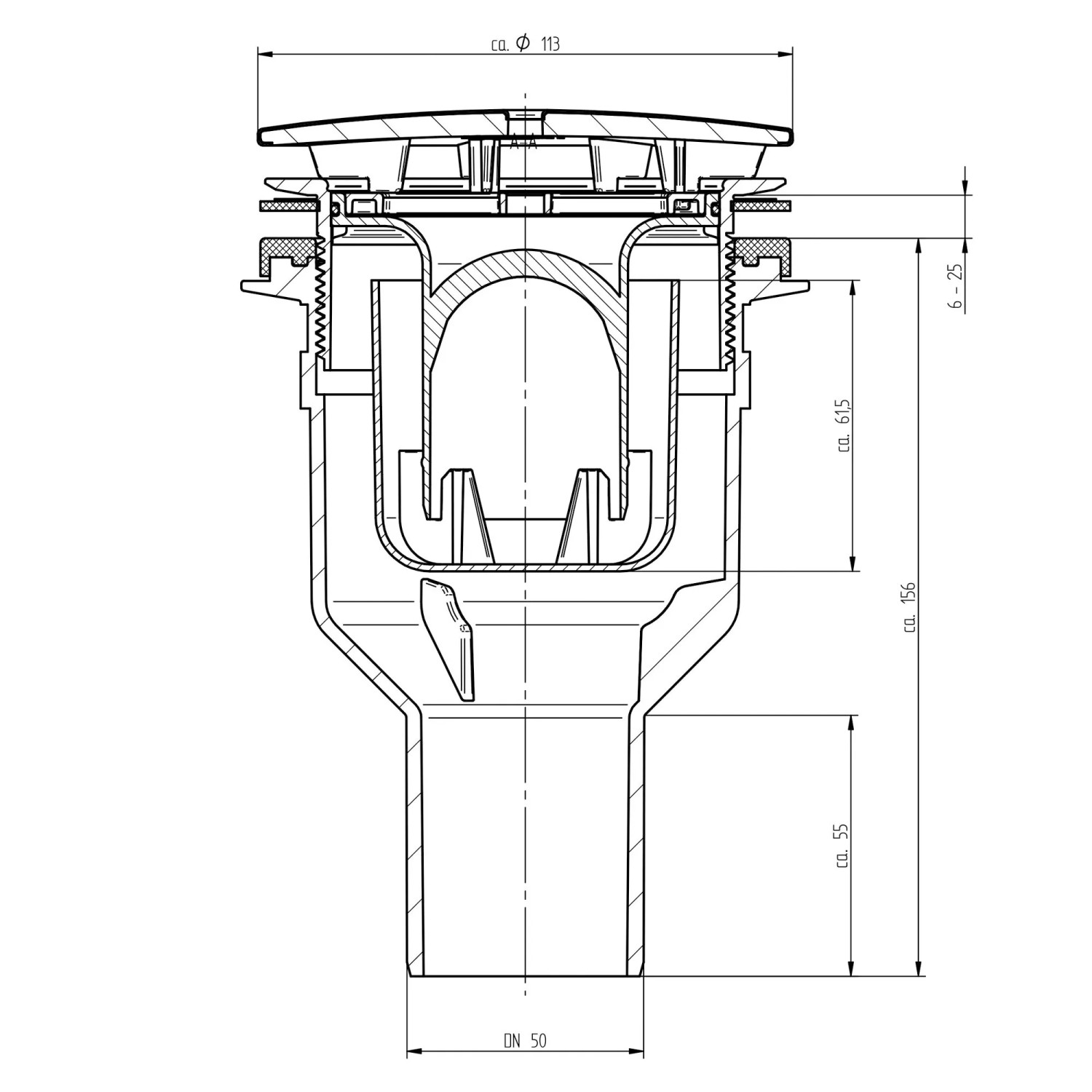 Technische Zeichnung: Schulte Ablauf senkrecht für extra-flache Duschwanne, Ø 90 mm.