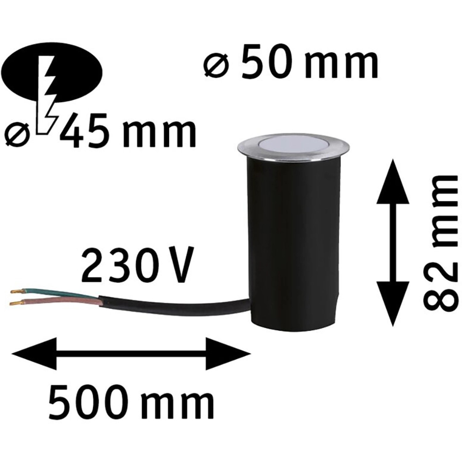 Paulmann LED-Bodeneinbaustrahler, rund, 230V, insektenfreundlich, Maße: Durchmesser 50mm, Höhe 82mm, Kabellänge 500mm.