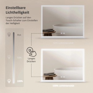Emke Badspiegel mit LED-Beleuchtung und Ablage. Darstellung der Helligkeitsanpassung von 50% auf 100% per Touch.
