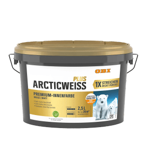 Eimer OBI Wandfarbe Arcticweiss Plus, weiße, matte Innenfarbe, 2,5 l.