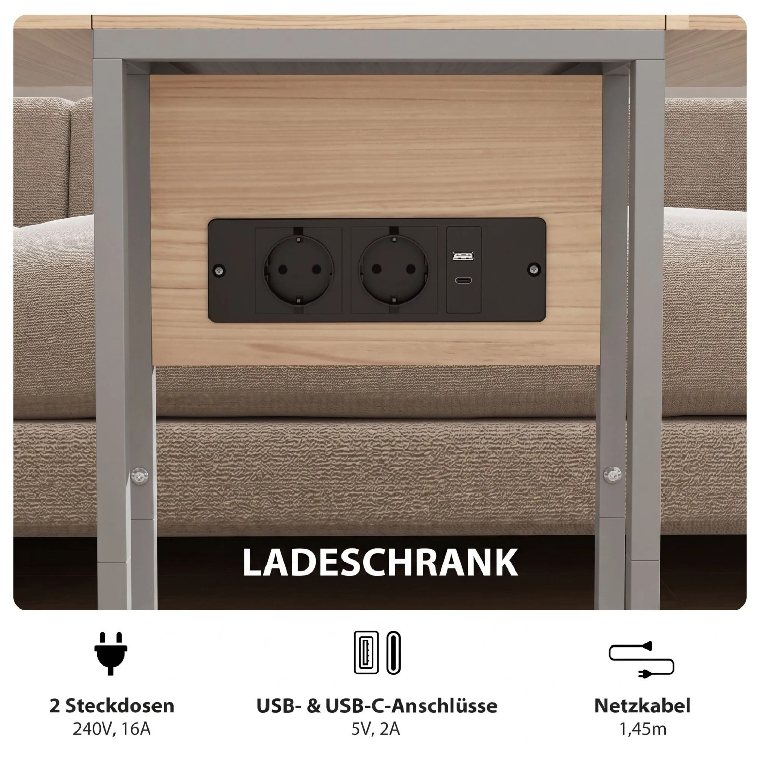 HOMCOM Beistelltisch: Integrierte Ladestation mit 2 Steckdosen, USB-A und USB-C Anschlüssen auf Holzplatte.