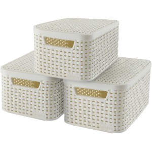 3er Set Curver Style Aufbewahrungsboxen Creme S mit Deckel im Rattan-Design.