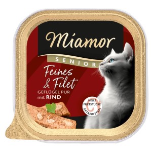 Miamor Katzen-Nassfutter Senior, Geflügel & Rind, 100g Schale. Helle Filetstücke für ältere Katzen.