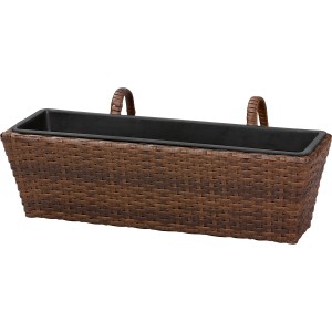Brauner Balkon-Pflanzkasten aus Polyrattan mit schwarzem Einsatz und Aufhängung.