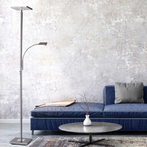 Moderne LED-Stehleuchte Hans Stahl mit Lesearm, Höhe 183-190 cm, ideal als Deckenfluter.