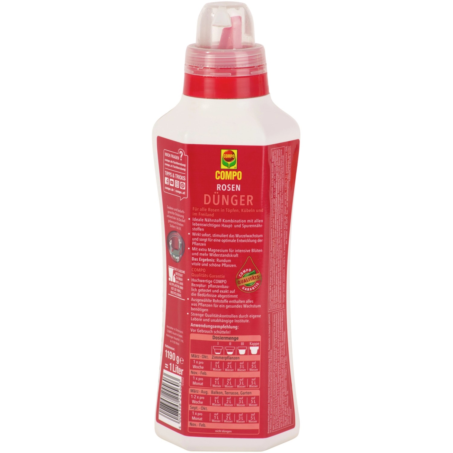 Flasche Compo Rosendünger 1 l: Flüssigdünger für Rosen, für Wachstum und Blüten.