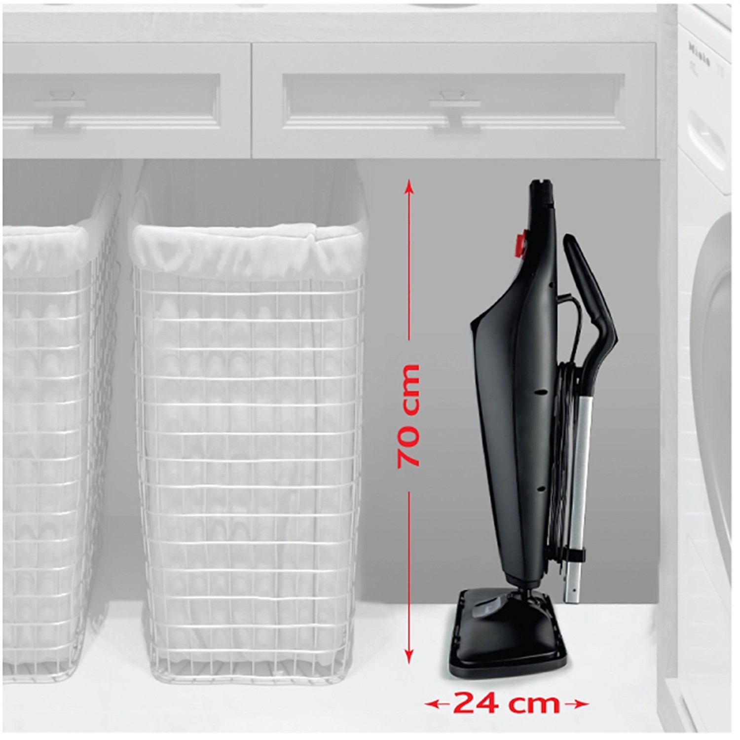 Vileda Steam Plus XXL Dampfreiniger, stehend, mit Maßangaben zu Höhe und Tiefe.