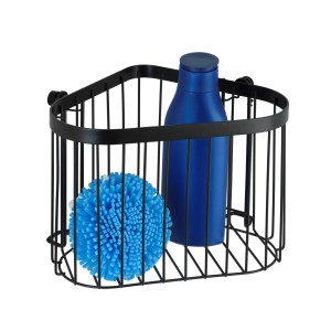 Schwarze Wenko Eckablage Classic Plus mit Duschgel und Badeschwamm.