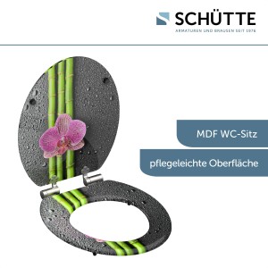 Schütte WC-Sitz Asia mit Holzkern, Absenkautomatik und Bambus-Orchideen-Motiv.
