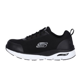 Schwarzer Skechers Sicherheitsschuh Ringstap Arch Fit SR S3 mit weißer Sohle, Stahlkappe und rutschhemmend.