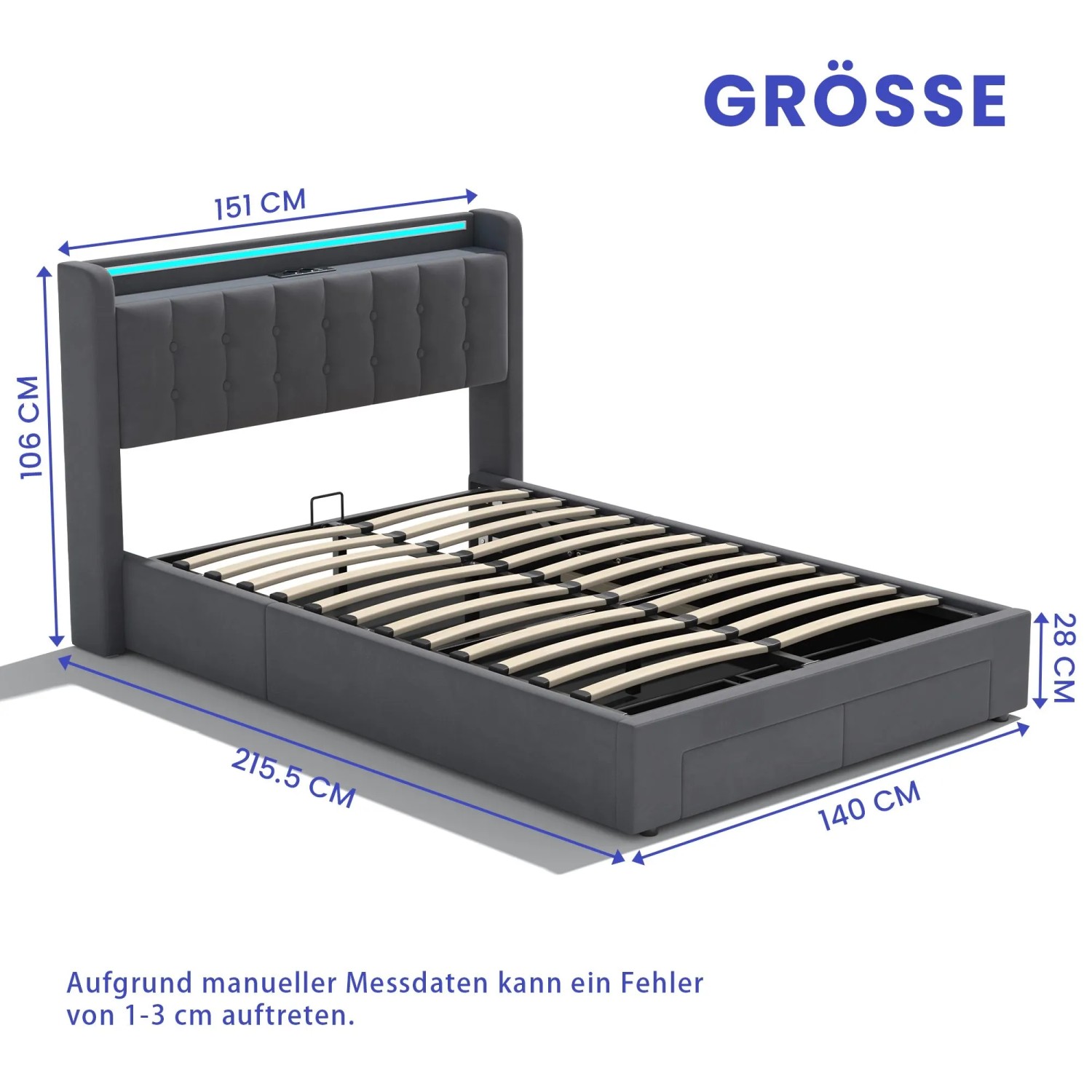 okwish Polsterbett mit Bettkasten LED-Licht Kinderzimmer mit Matratze 140x200cm Grau_4