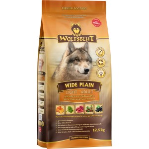 Wolfsblut Wide Plain Light Hunde-Trockenfutter, 12,5kg Sack mit Wolfsmotiv.