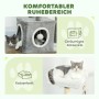 Grau-weißer PawHut Kratzbaum mit Katze im gemütlichen Katzenhaus und auf weichem Katzenbett.