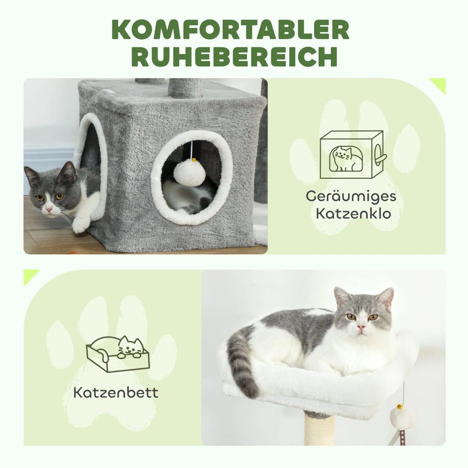 Grau-weißer PawHut Kratzbaum mit Katze im gemütlichen Katzenhaus und auf weichem Katzenbett.