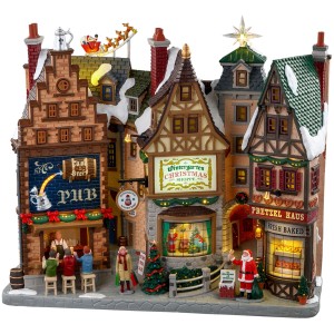 Lemax Weihnachtsdekoration Wintergarten Einkaufsstraße mit Pub, Weihnachtsgeschäft und Bäckerei.