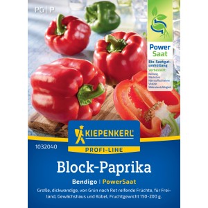 Kiepenkerl Block-Paprika Bendigo F1-Hybride PowerSaat, rote und grüne Paprika auf Holzbrett.