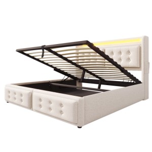 okwish Polsterbett 160x200cm mit LED Kopfteil USB Ladefunktion Jugendzimmer Beige mit Matratze