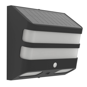 Schwarze Eglo LED Solar Wandleuchte Stiappa mit Sensor, 20x12 cm, für den Außenbereich.