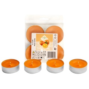 Schlaraffenland Duft-Teelichter Maxi Orange, 4er-Pack. Orangefarbene Teelichter für stimmungsvolle Atmosphäre.