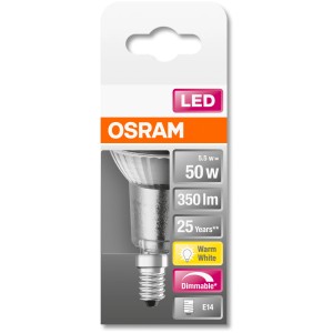Osram LED-Lampe E14, 4,8W, warmweiß, 350lm, EEK: F, 7,3x5cm. Dimmbares Leuchtmittel für Wohnräume.