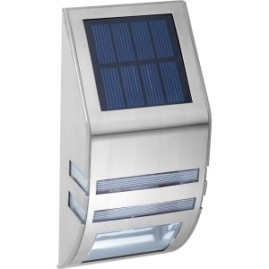 LED-Solar-Wandleuchte aus Edelstahl mit Solarpanel und kaltweißem Licht.