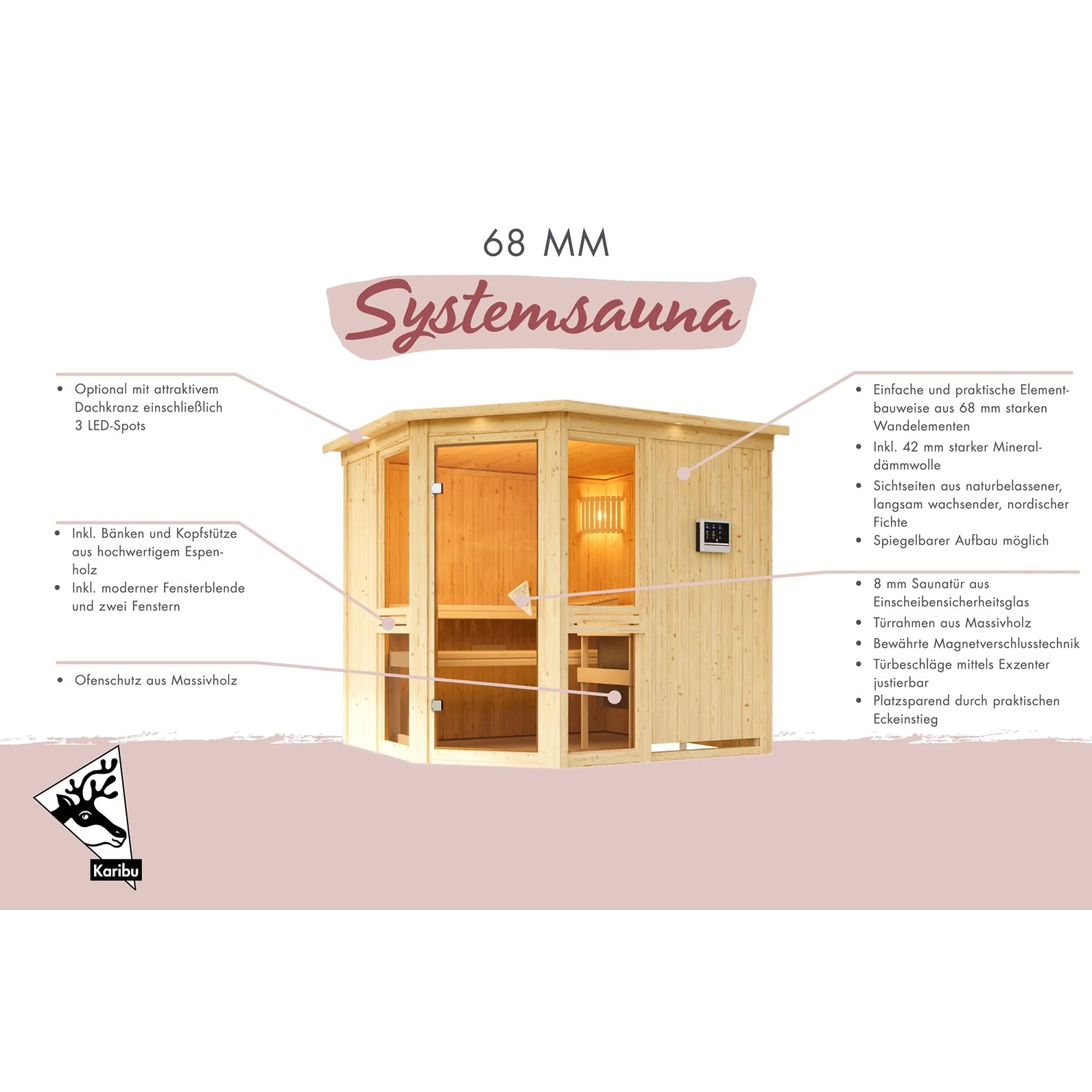 Karibu Sauna Anina 2, naturbelassen mit Kranz, Ofen und Glaselementen.