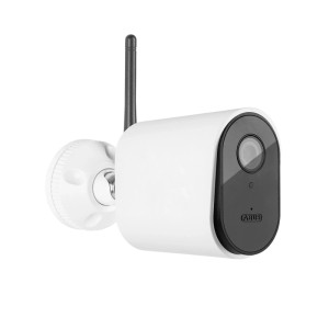 Weiße Abus WLAN-Überwachungskamera PPIC54520 Smartlook mit Antenne und Wandhalterung.