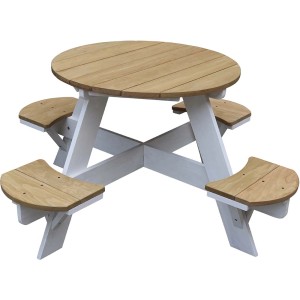 Runder, braun-weißer Axi UFO-Picknicktisch aus Holz für Kinder, ideal zum Spielen und Essen im Garten.