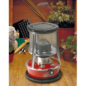Rote Petroleumheizung BIG PARAFFIN 2,5kW für Gewächshaus, mit Tragegriff und Schutzgitter.