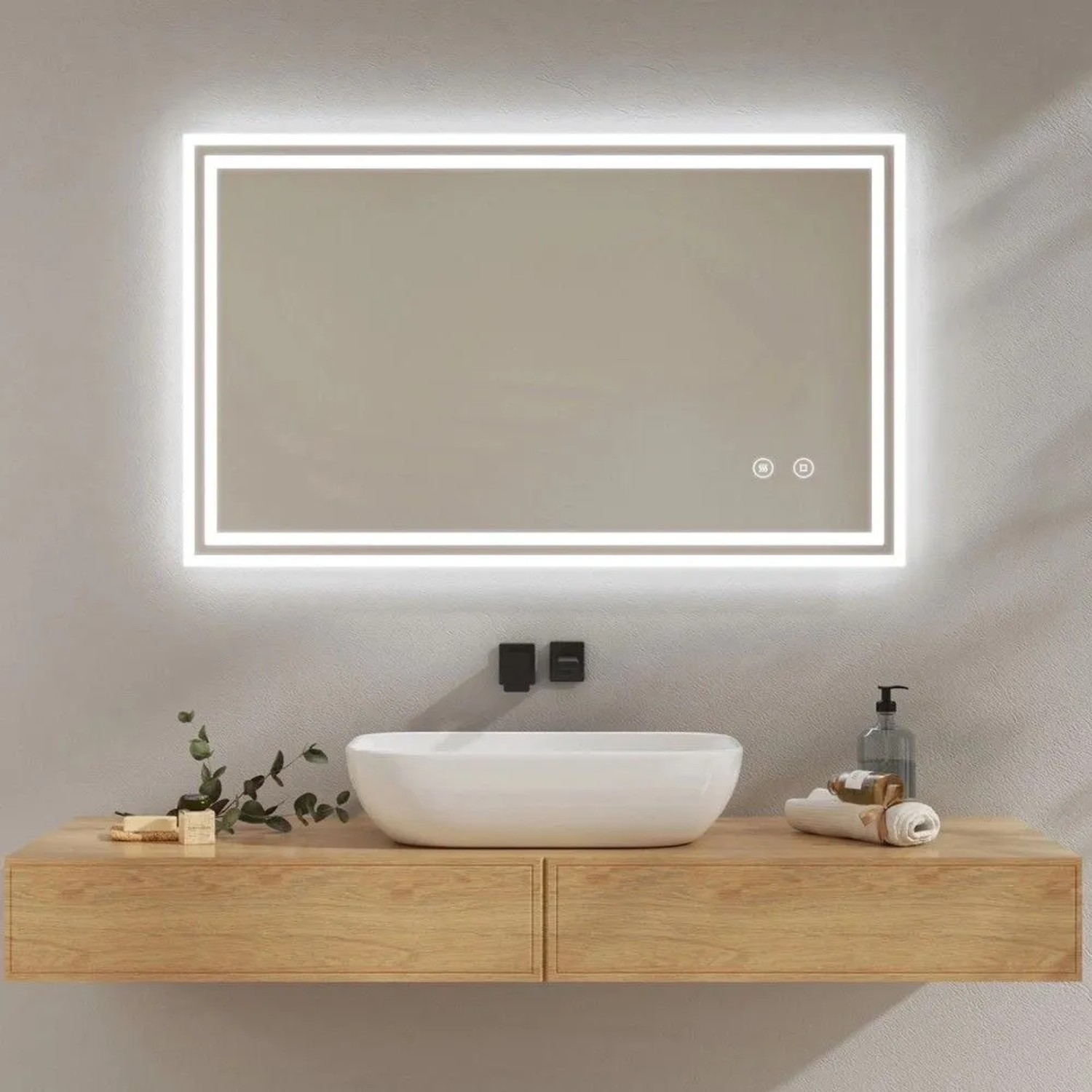 Emke Badspiegel 100x60 cm mit LED-Beleuchtung, Anti-Beschlag und Touchschalter. Kaltweißes Licht.
