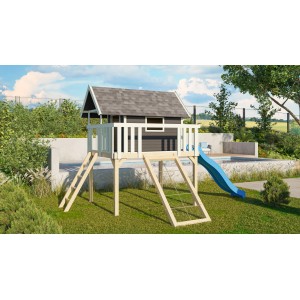 Karibu Stelzenhaus Fidel Set mit blauer Rutsche und Netzrampe, terragrau.
