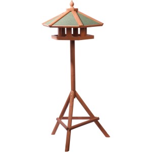 Sechseckiges Vogelhaus aus Nadelholz mit Ständer und grünem Bitumendach.