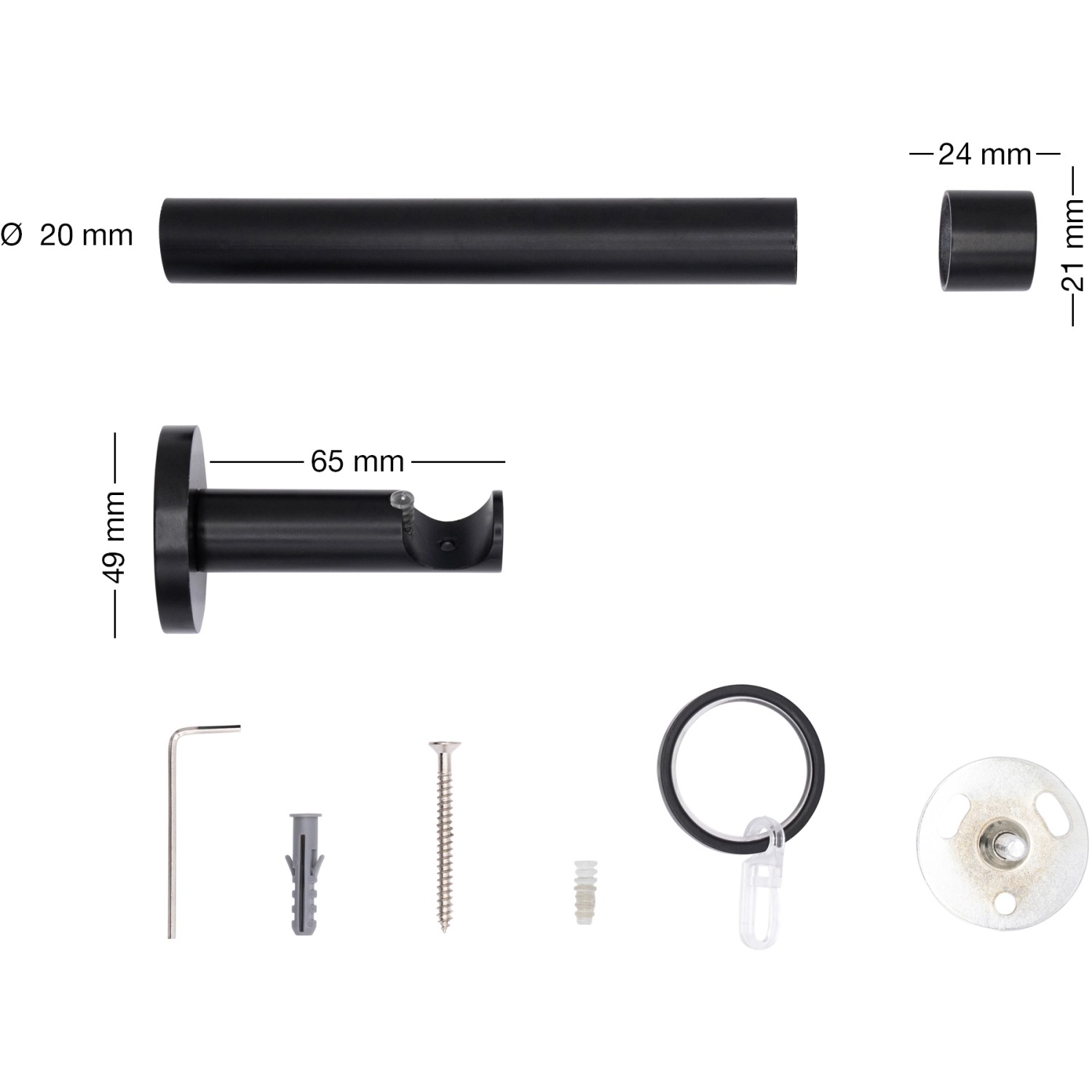 Mydeco Gardinenstange Schwarz, 100cm, mit Endstück Cap und Zubehör für Stil- & Seilspanngarnituren.