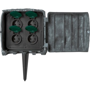 Gartensteckdose in Steinoptik mit 4 Steckdosen und Erdspieß. Stromverteilung für den Außenbereich.