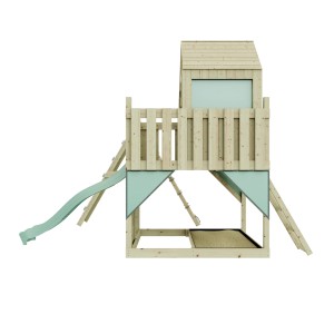 PolarPlay Kinderspielturm Anika mit Rutsche und Schaukel in Mintgrün.