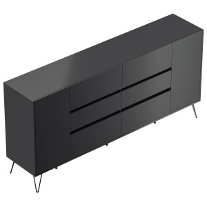 Modernes, grafitfarbenes Sideboard Industrial mit 6 Schubladen und 2 Türen auf filigranen Füßen.