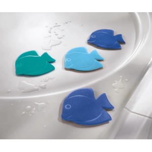 Kleine Wolke Badewanneneinlage Minis, 6-teiliges Set mit Guppi-Motiv in Türkis- und Blautönen.