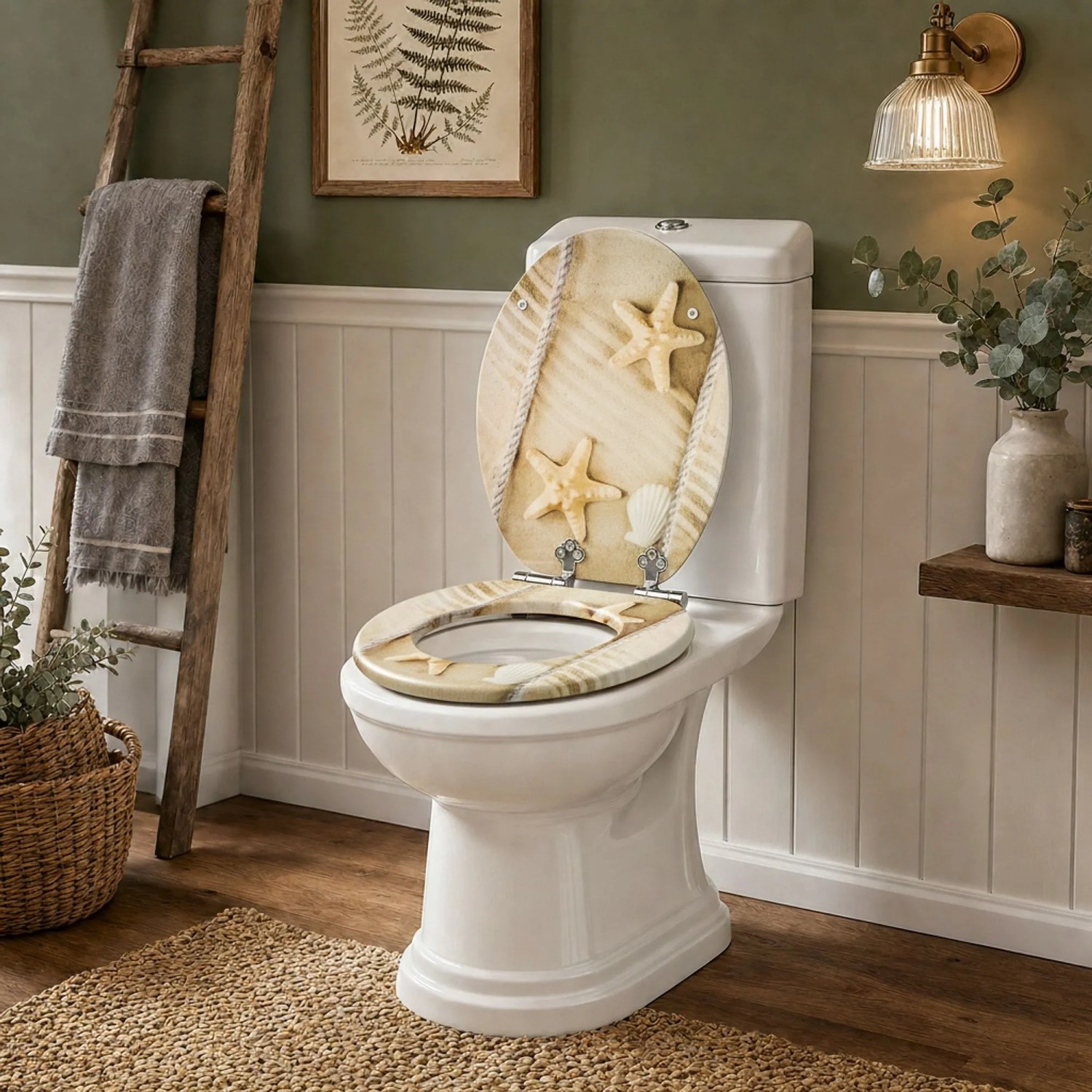 Sinobath WC-Sitz oval mit Softclosing, maritimes Strand-Design, Seesternen und Muscheln. Robust und langlebig.
