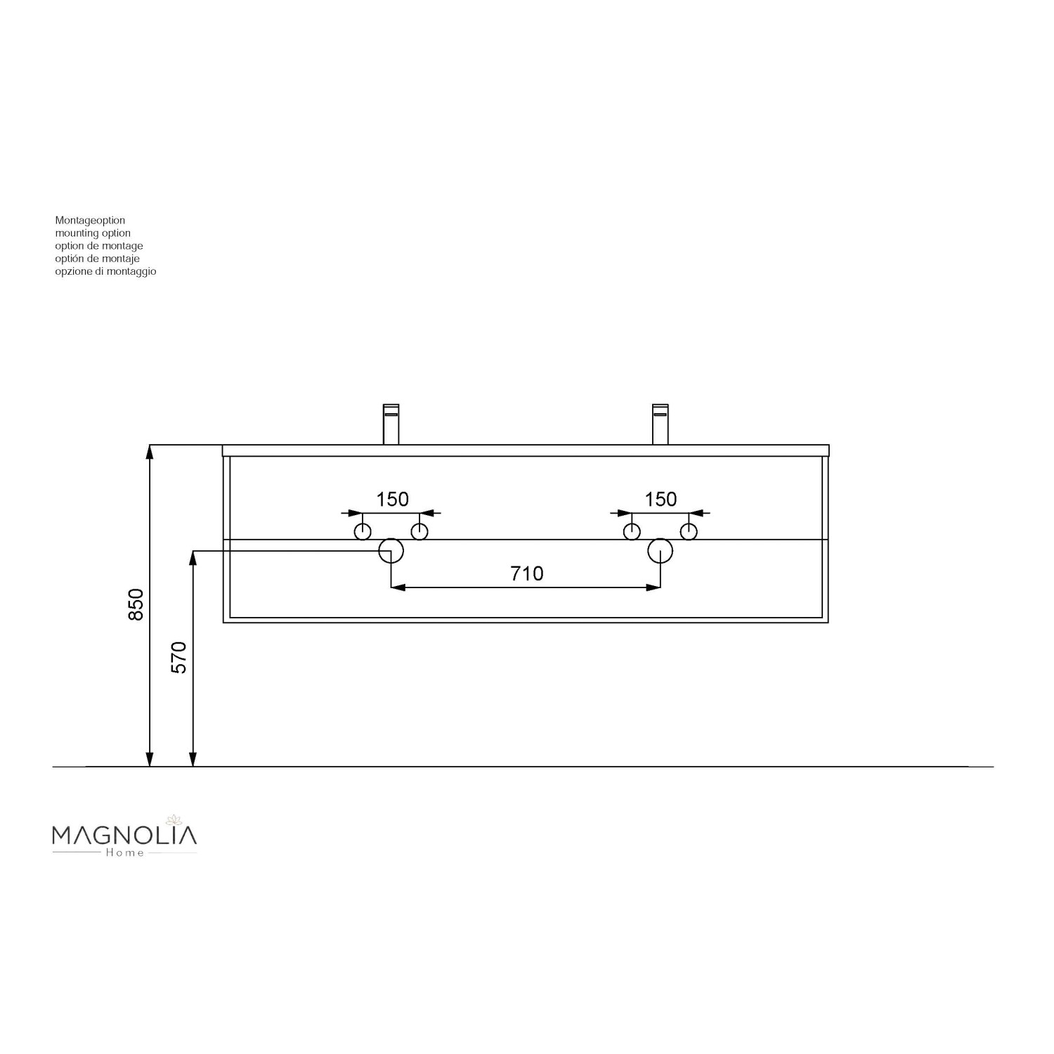 Skizze des Posseik Badmöbel Geant 160 in Eiche Gold mit Maßangaben.
