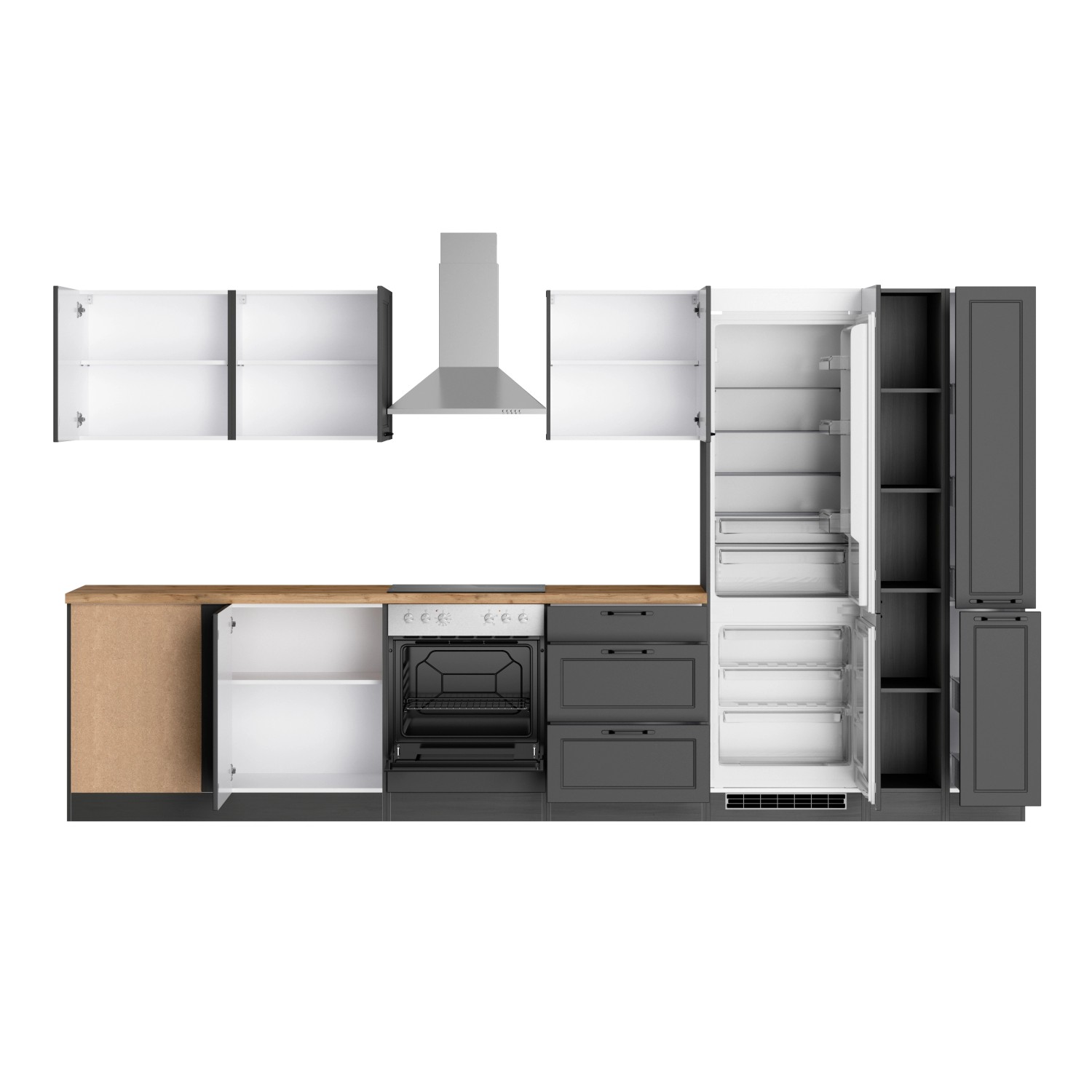 Moderne Winkelküche Kempten in Graphit/Grau mit E-Geräten und Holz-Arbeitsplatte.