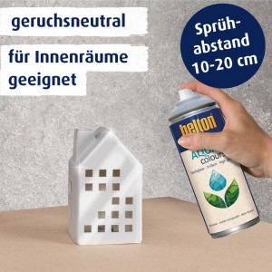 Belton Free AQUAcolours Klarlack Spray, transparent, hochglänzend, mit weißem Deko-Haus.