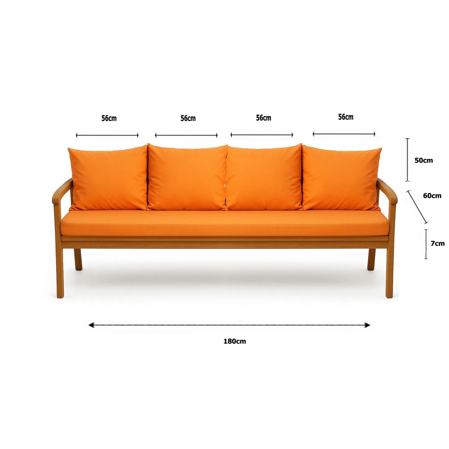 Orangefarbenes Bankkissen-Set für 3-Sitzer Gartenbank, bestehend aus Sitz- und Rückenkissen.