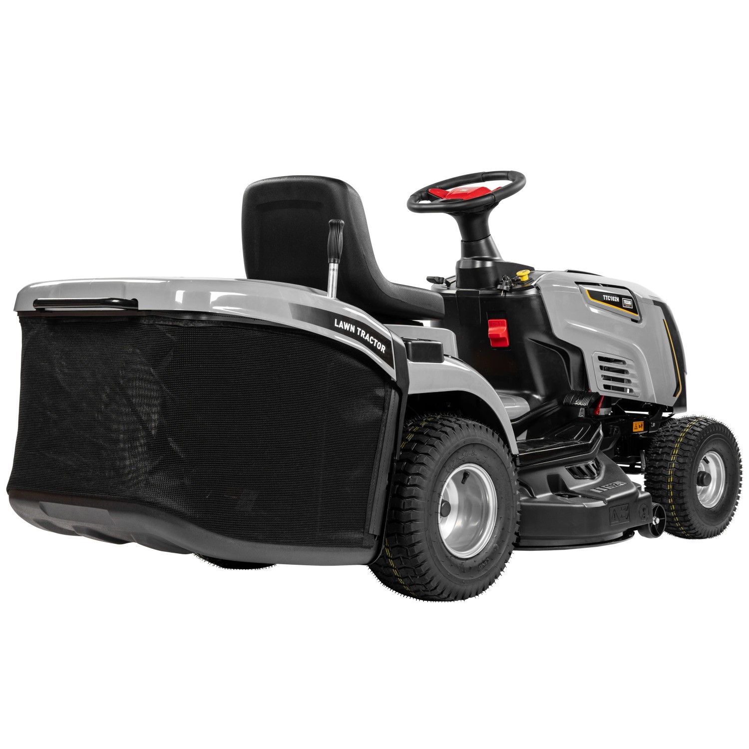 Texas Benzin-Rasentraktor Premium TTC102H mit Fangkorb, seitliche Ansicht.