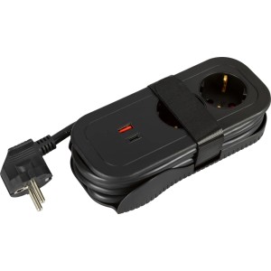 Schwarze Tischsteckdose mit 2 Schuko-Steckdosen, USB-C und USB-A Anschluss, Kabelaufwicklung.