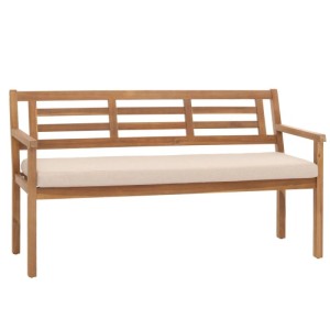 Gartenbank MCW N47 aus Akazienholz mit creme-beigem Kissen.