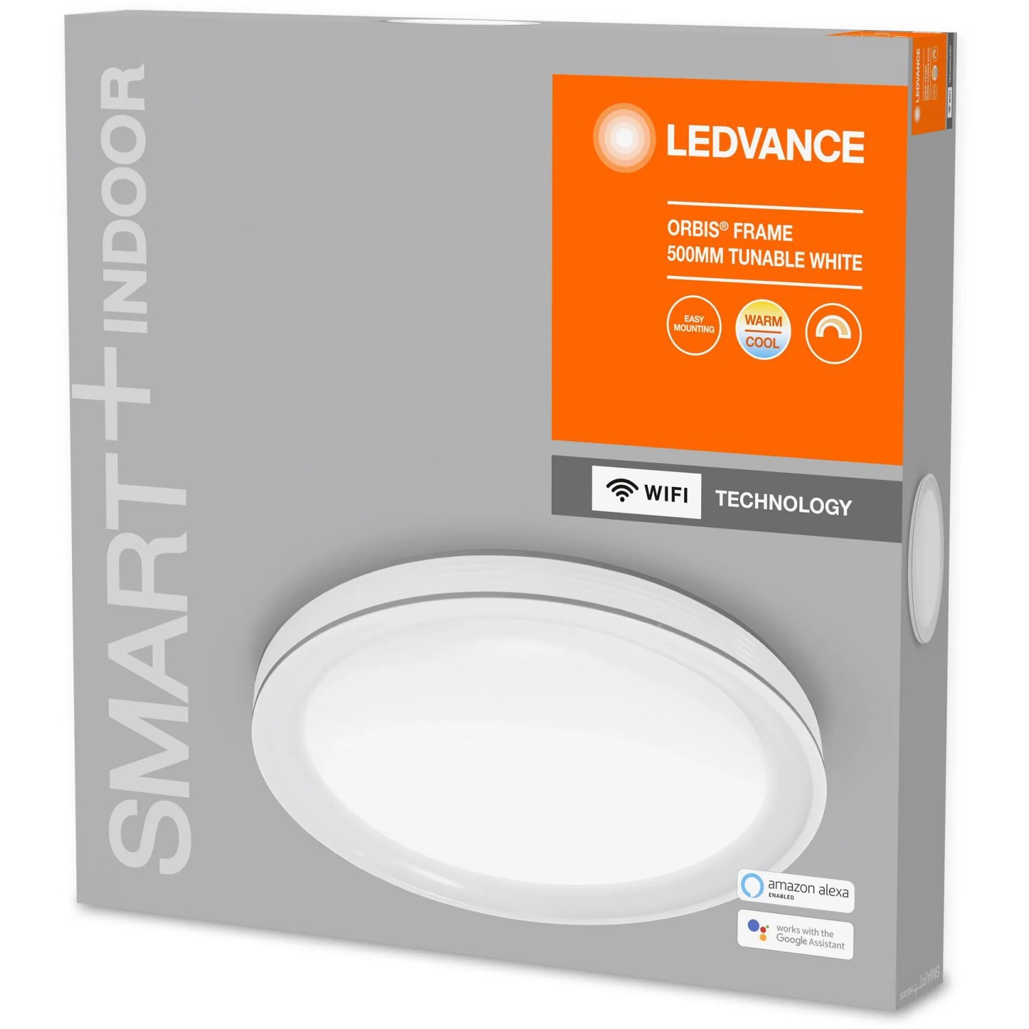 Verpackung der Ledvance Smart+ WiFi Deckenleuchte Orbis Frame, dimmbar und tunable white.
