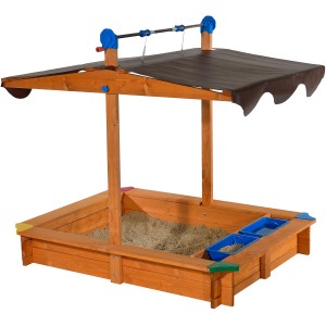 Gaspo Sandkasten Lea mit Dach, 137x105 cm, aus Holz mit farbigen Ecken und Matschwannen.