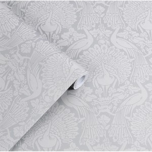 Laura Ashley Vliestapete Peacock Damask in hellem Grau mit Pfauenmuster, Rolle angeschnitten.