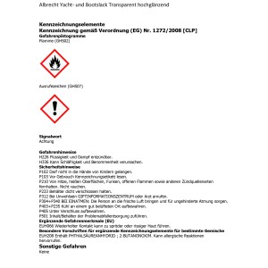 Etikett des transparenten, hochglänzenden Albrecht Yacht- und Bootslacks mit Gefahrenhinweisen.