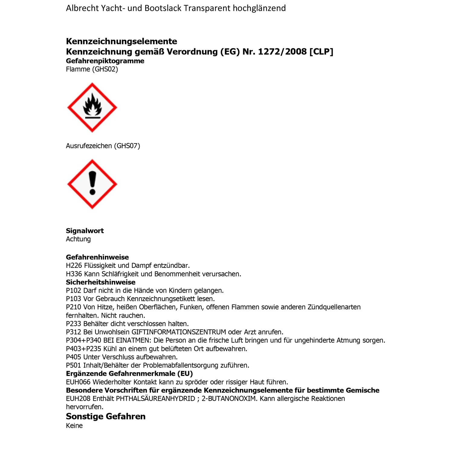 Etikett des transparenten, hochglänzenden Albrecht Yacht- und Bootslacks mit Gefahrenhinweisen.
